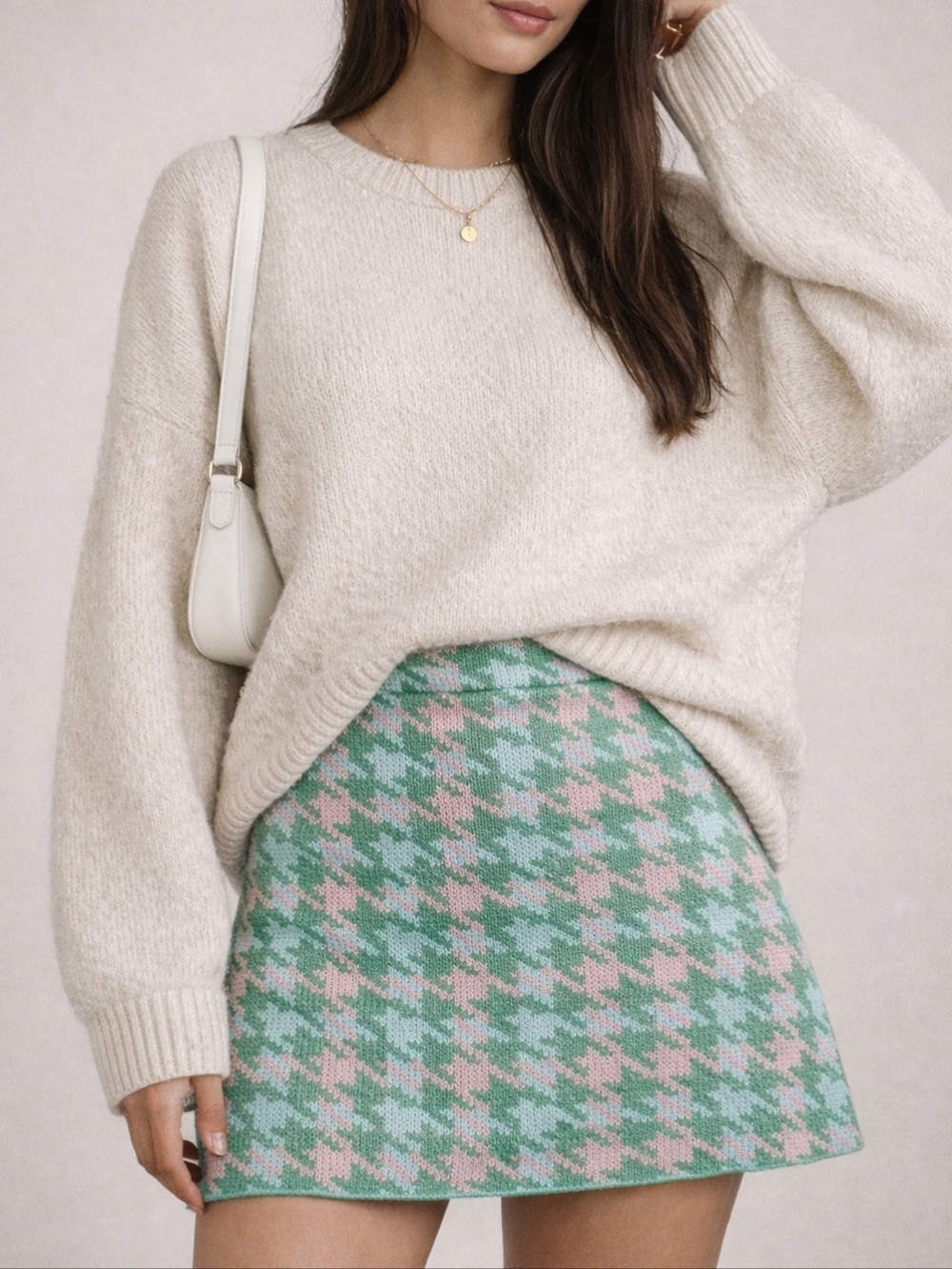 ZARA Knit Mini Skirt Pastel Houndstooth Pink Green Size S EU 26